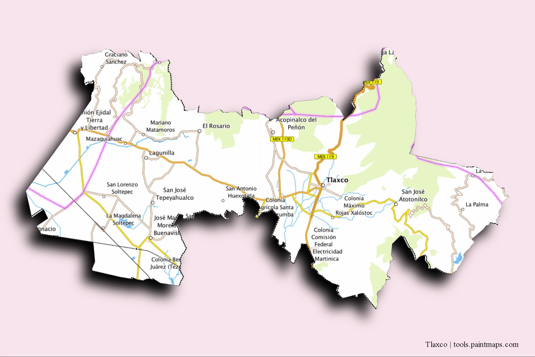 Tlaxco neighborhoods and villages map with 3D shadow effect