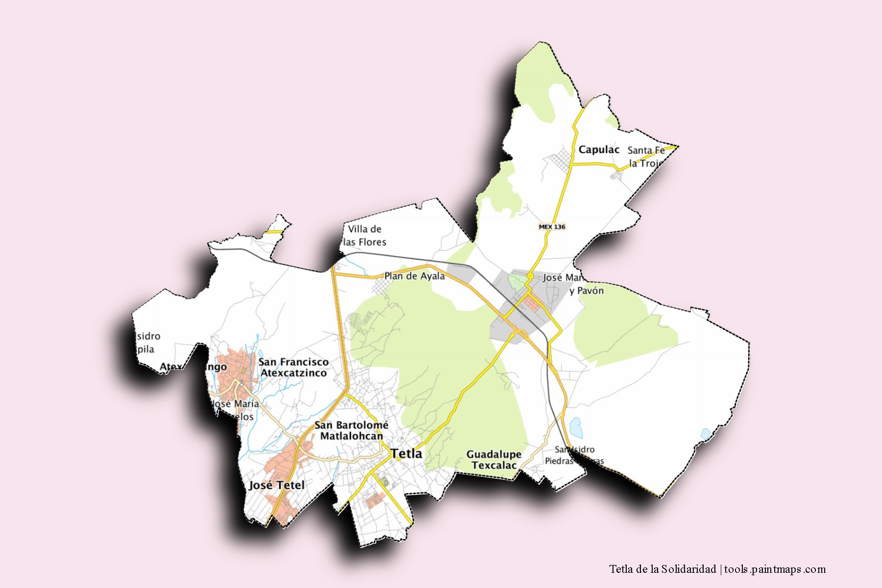 Mapa de barrios y pueblos de Tetla de la Solidaridad con efecto de sombra 3D