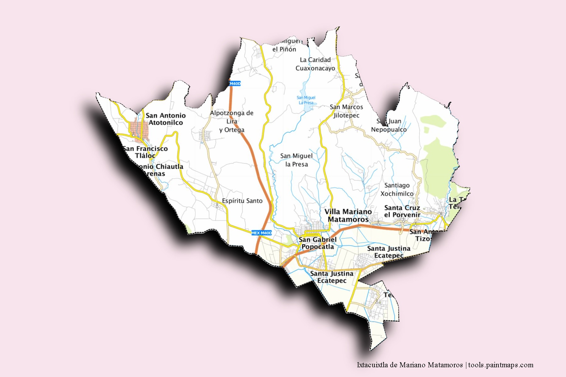 Mapa de barrios y pueblos de Ixtacuixtla de Mariano Matamoros con efecto de sombra 3D