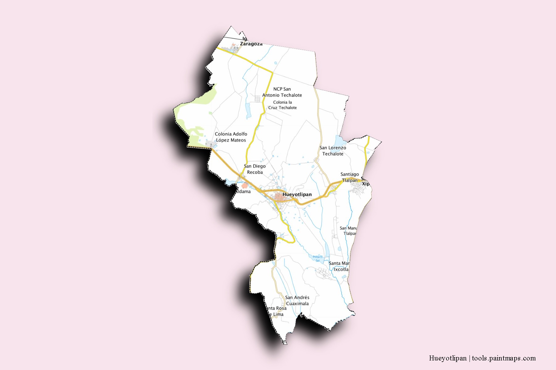 Mapa de barrios y pueblos de Hueyotlipan con efecto de sombra 3D