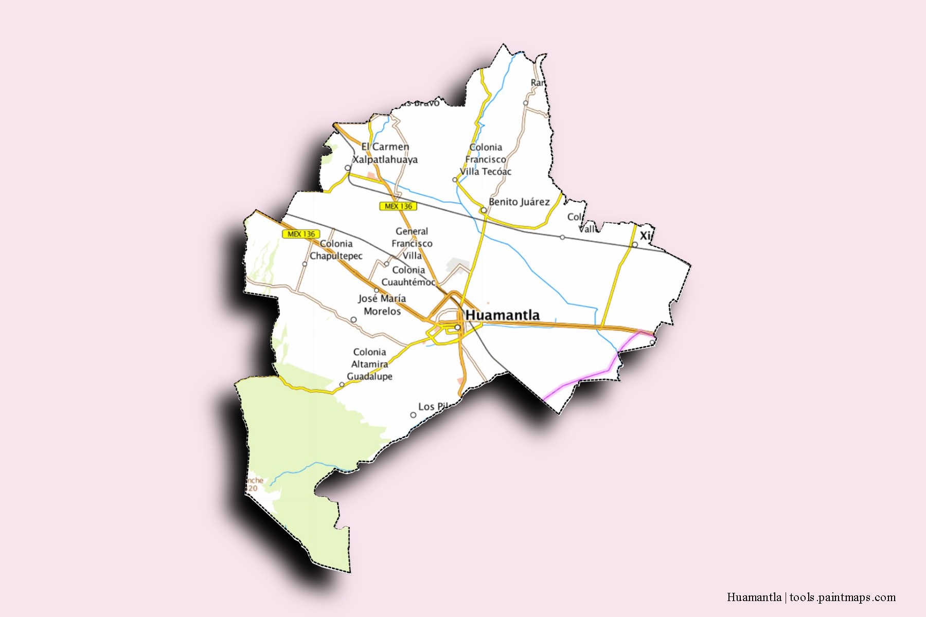 Mapa de barrios y pueblos de Huamantla con efecto de sombra 3D