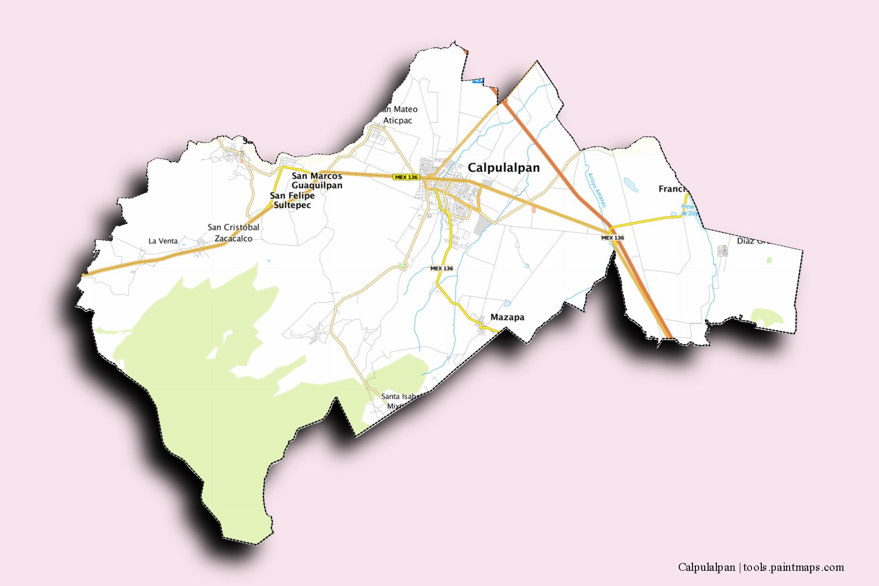 Mapa de barrios y pueblos de Calpulalpan con efecto de sombra 3D