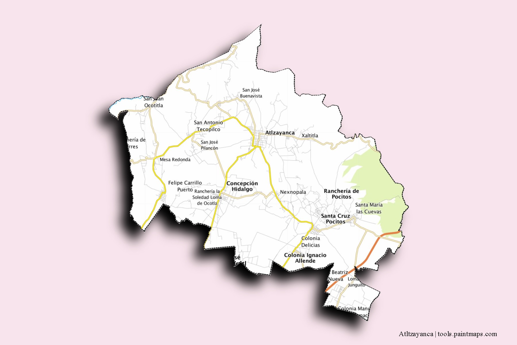 Mapa de barrios y pueblos de Atltzayanca con efecto de sombra 3D