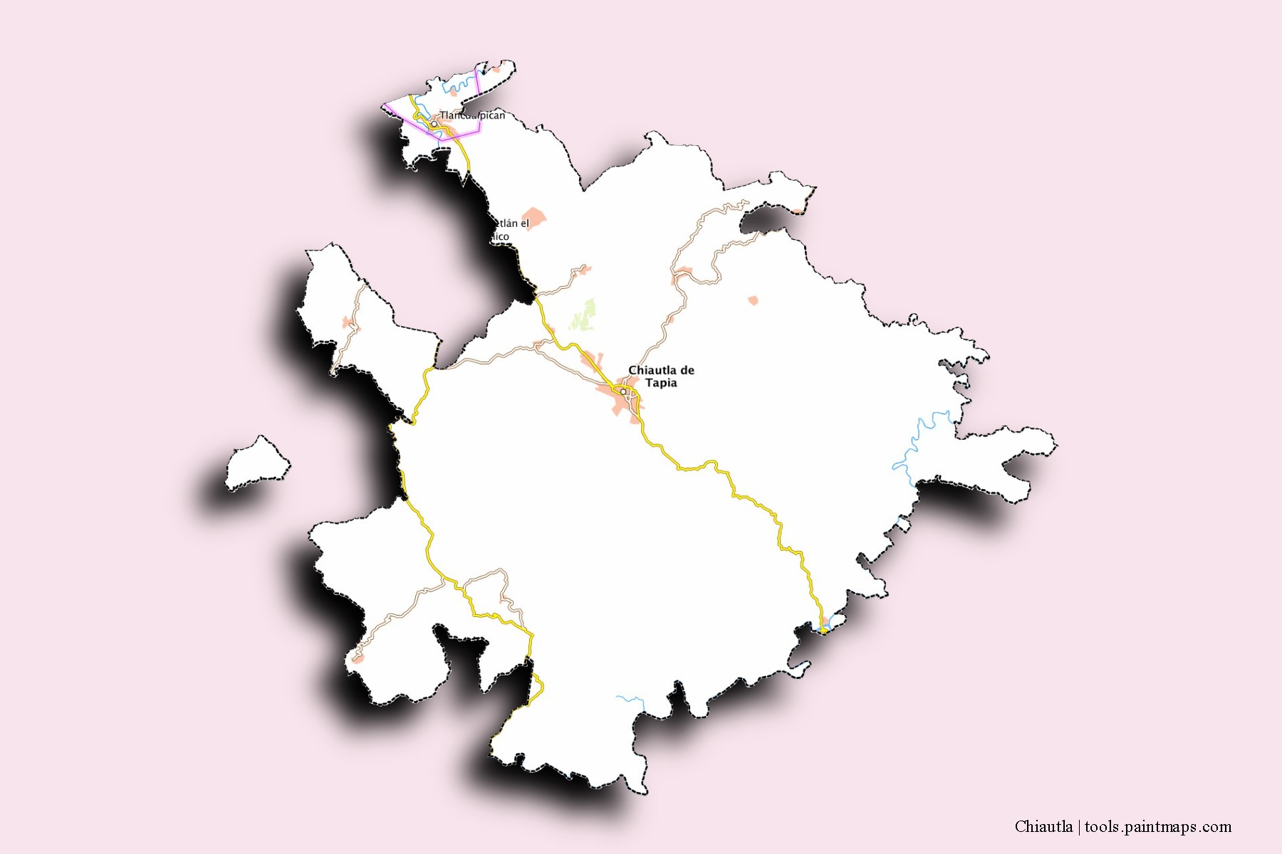 Mapa de barrios y pueblos de Chiautla con efecto de sombra 3D