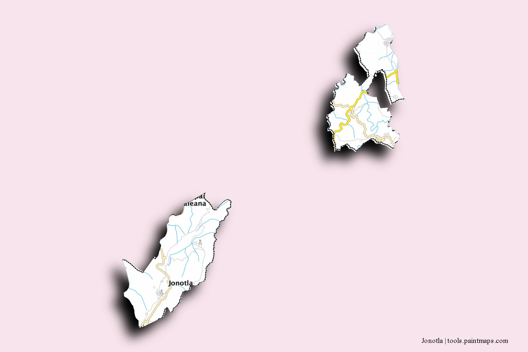 Jonotla neighborhoods and villages map with 3D shadow effect