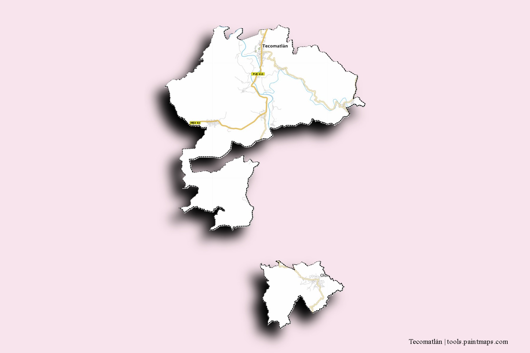 Tecomatlán neighborhoods and villages map with 3D shadow effect