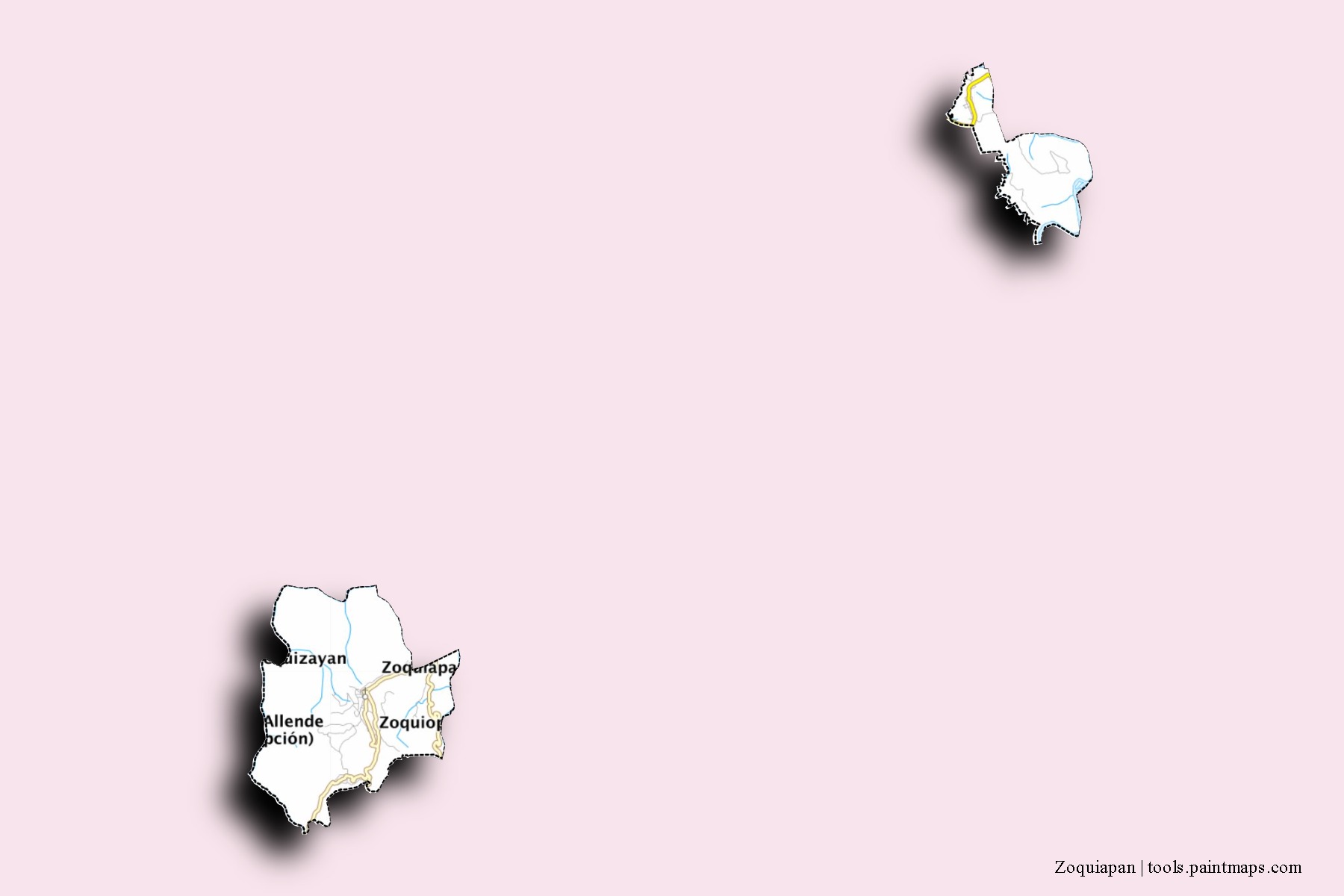 Mapa de barrios y pueblos de Zoquiapan con efecto de sombra 3D