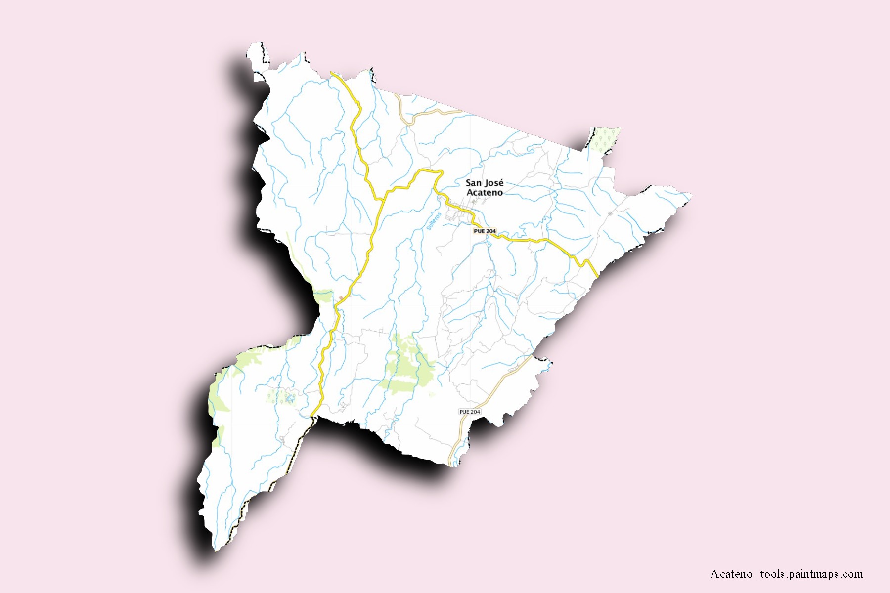 Mapa de barrios y pueblos de Acateno con efecto de sombra 3D