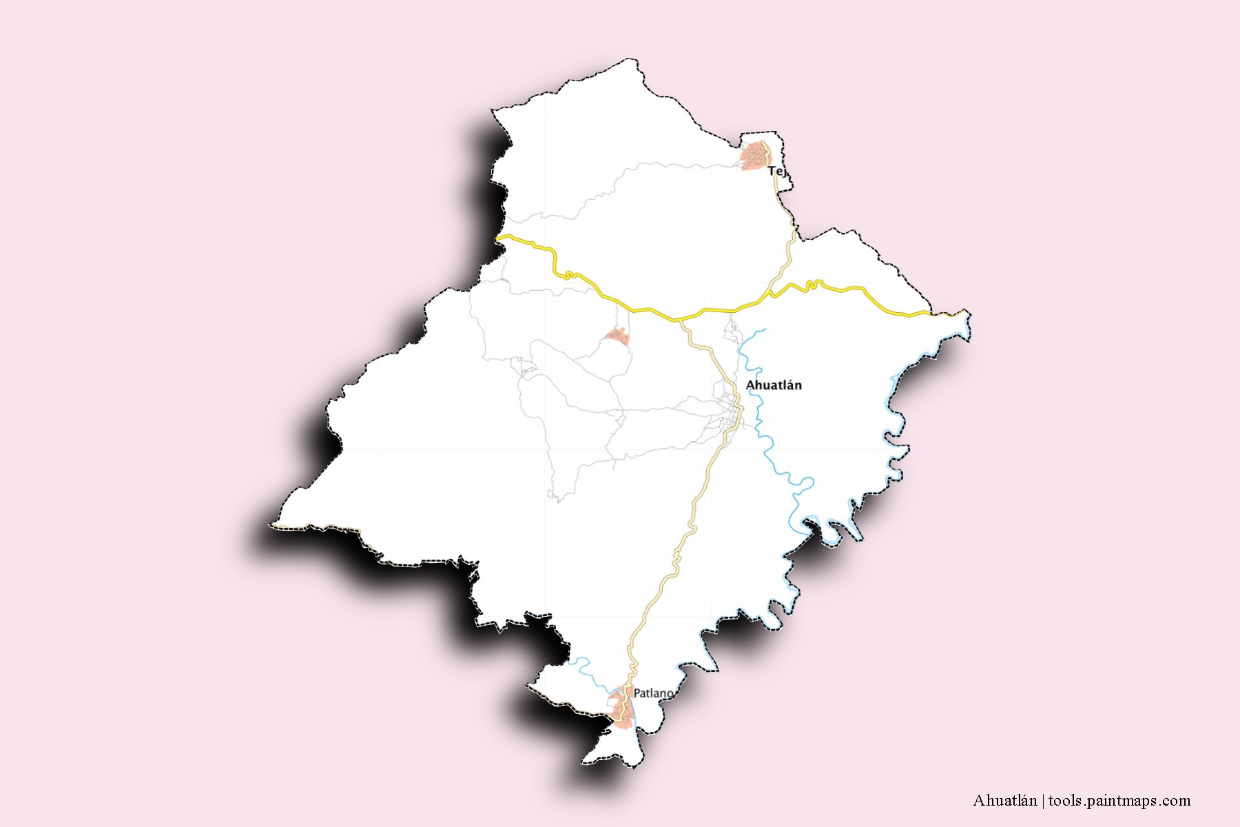 Mapa de barrios y pueblos de Ahuatlán con efecto de sombra 3D