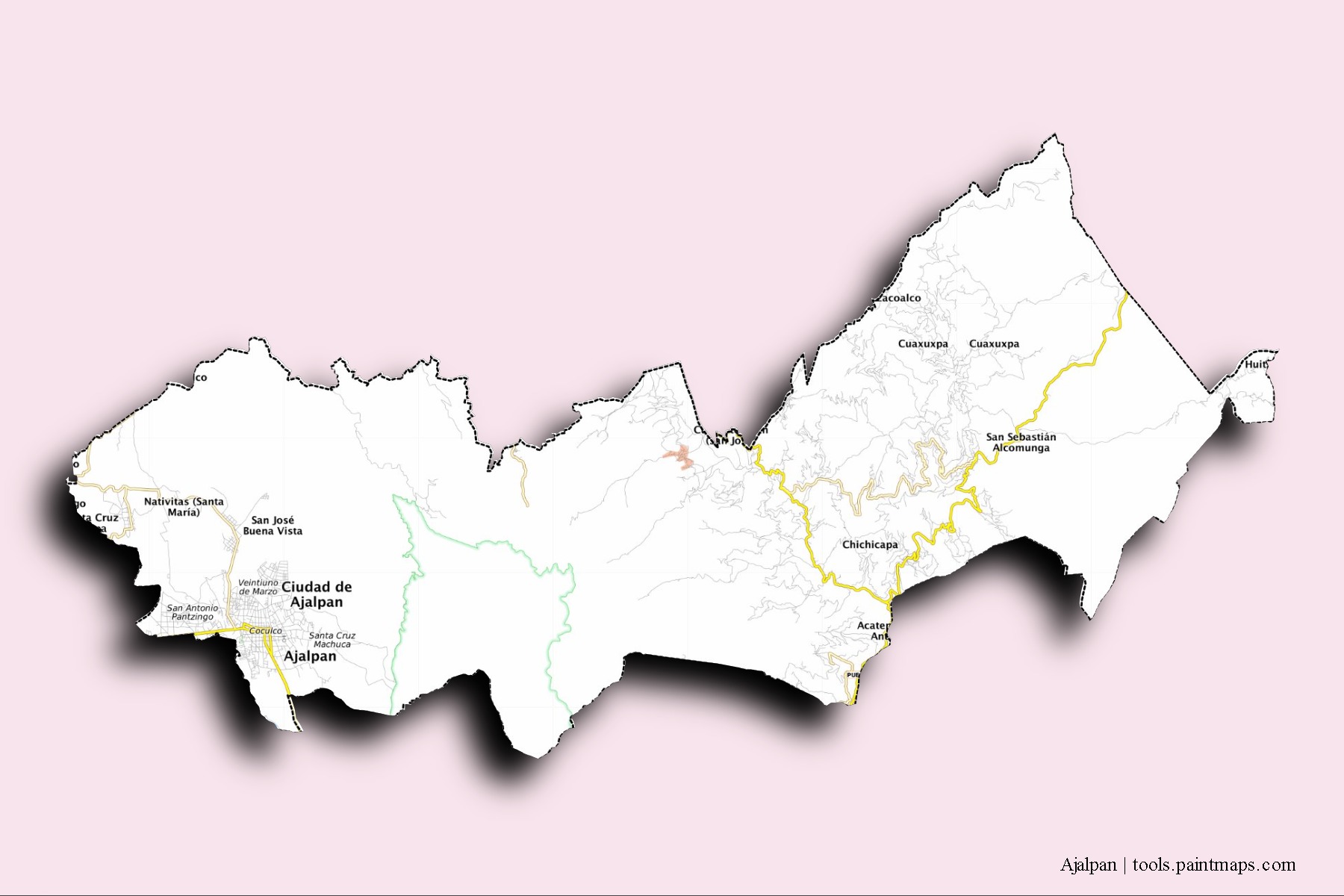 Ajalpan neighborhoods and villages map with 3D shadow effect