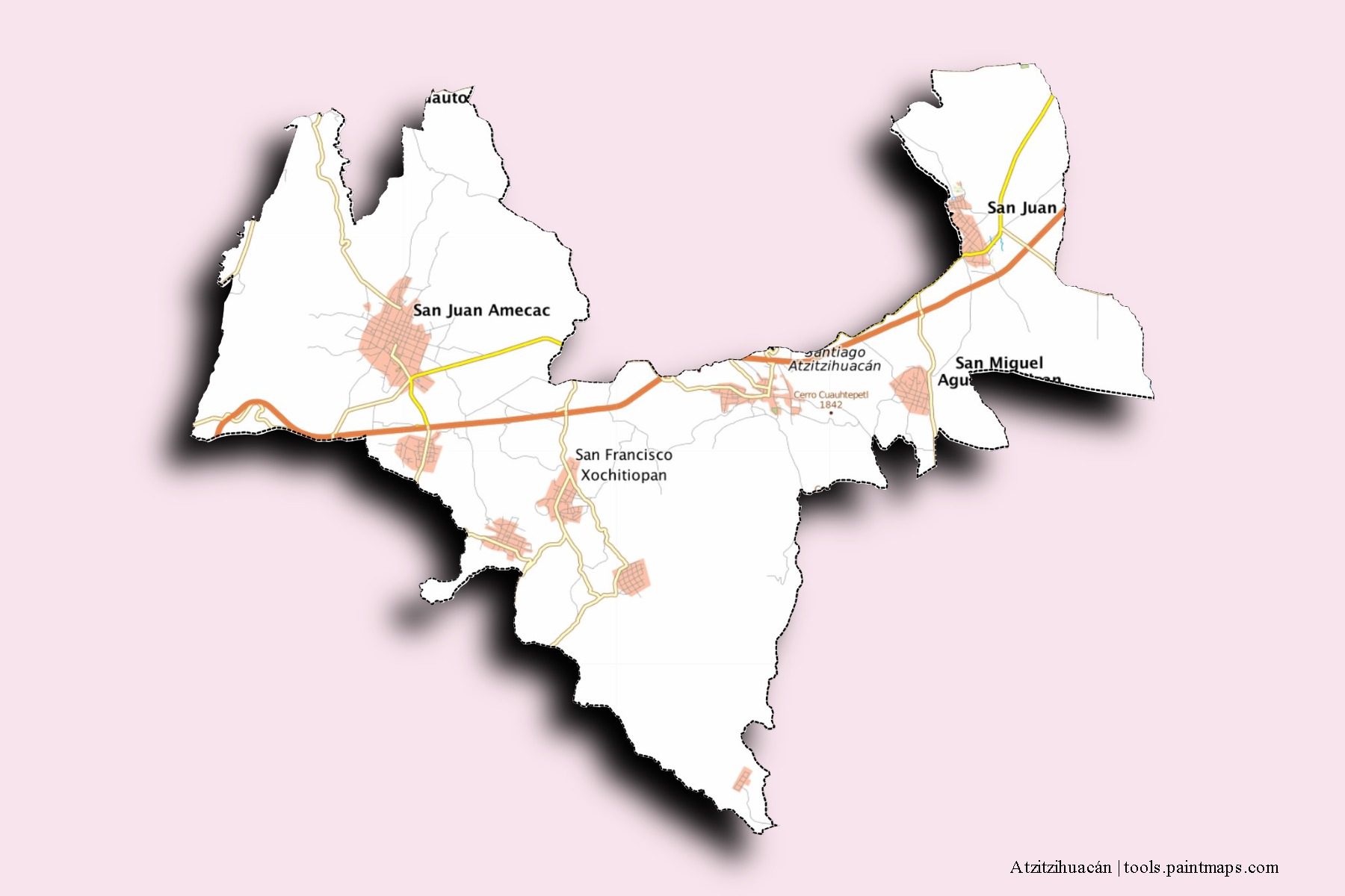 Atzitzihuacán neighborhoods and villages map with 3D shadow effect