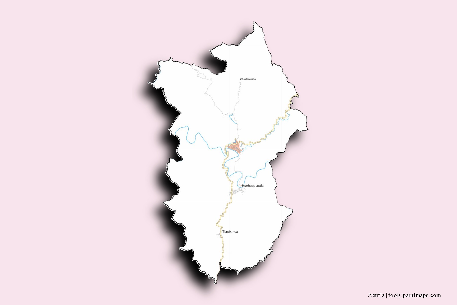 Mapa de barrios y pueblos de Axutla con efecto de sombra 3D