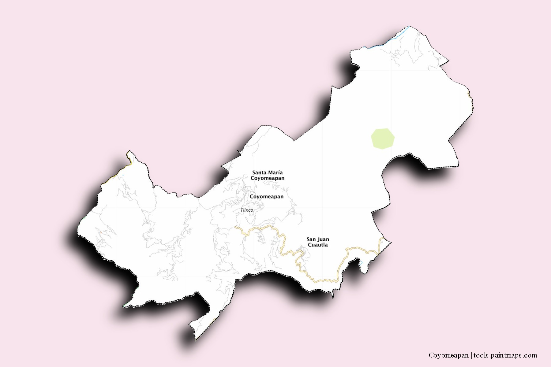 3D gölge efektli Coyomeapan mahalleleri ve köyleri haritası