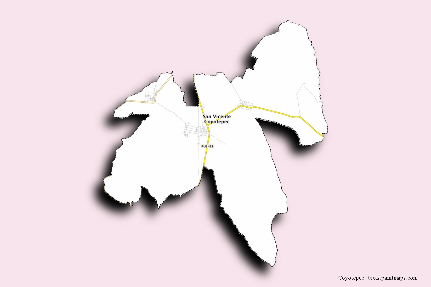 3D gölge efektli Coyotepec mahalleleri ve köyleri haritası