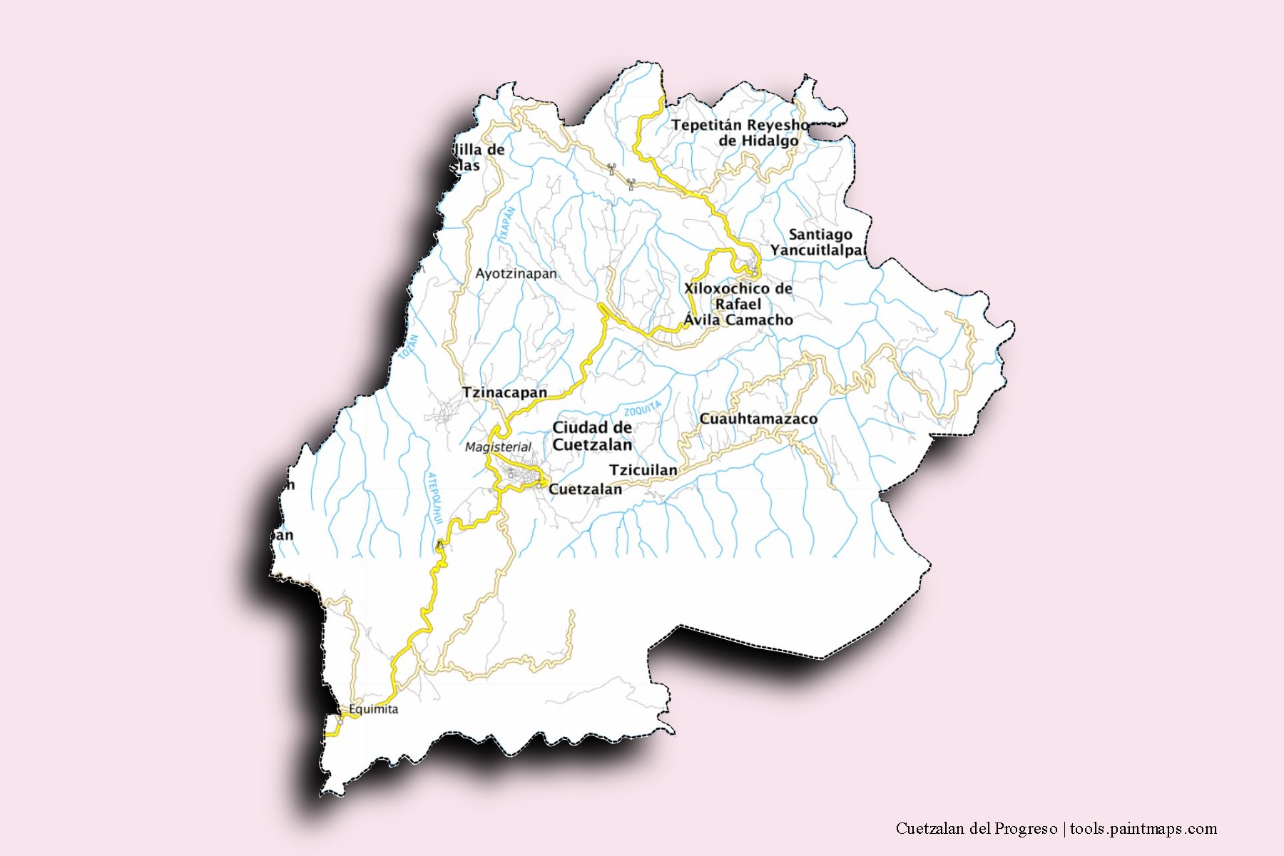 3D gölge efektli Cuetzalan del Progreso mahalleleri ve köyleri haritası