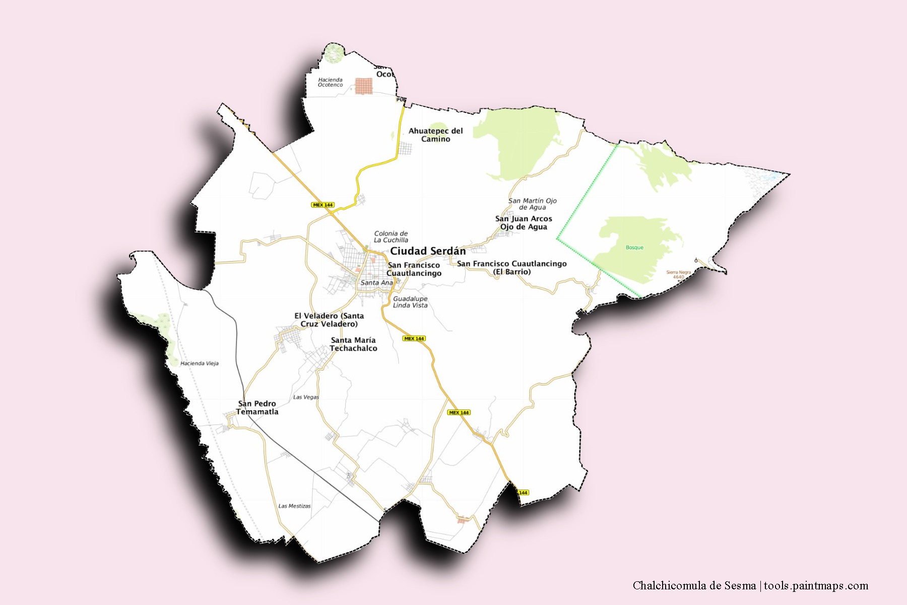 Mapa de barrios y pueblos de Chalchicomula de Sesma con efecto de sombra 3D