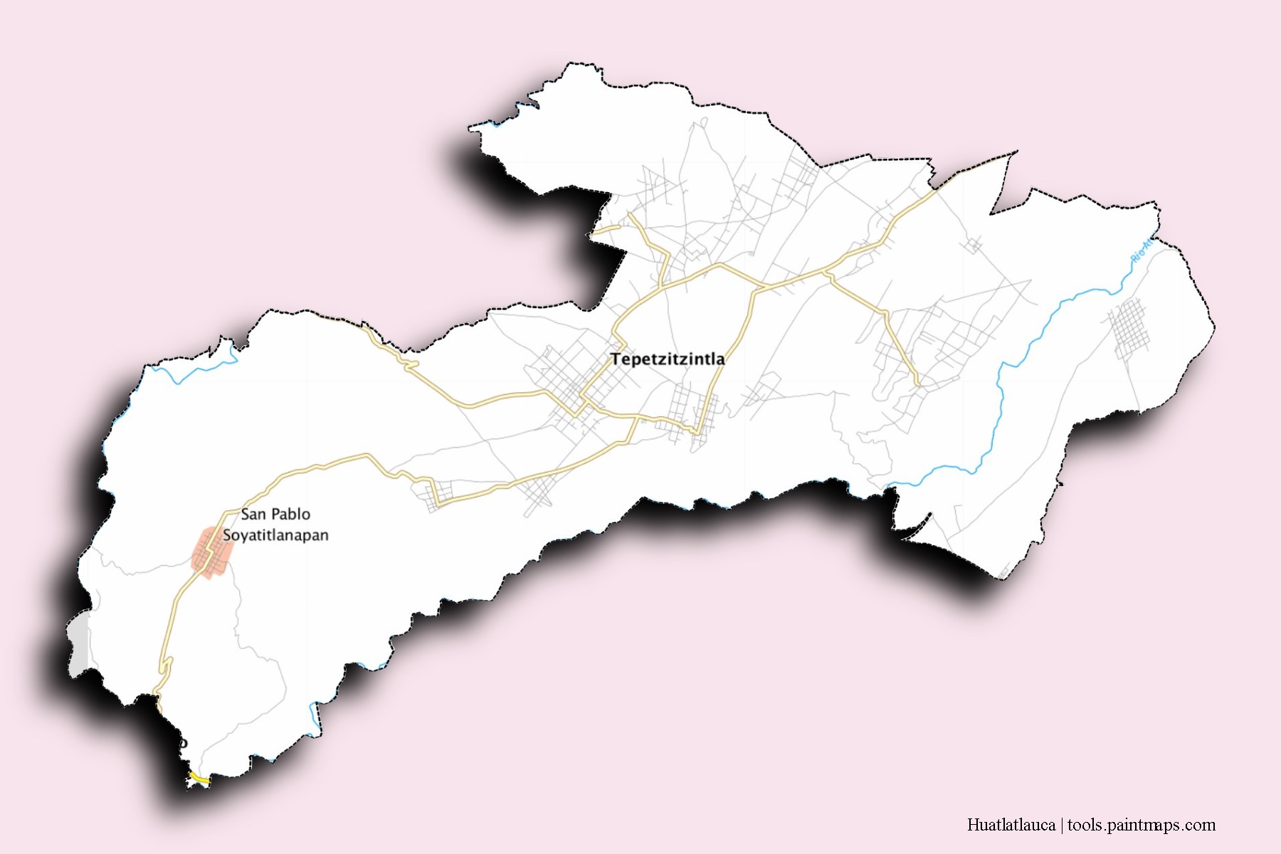 Mapa de barrios y pueblos de Huatlatlauca con efecto de sombra 3D