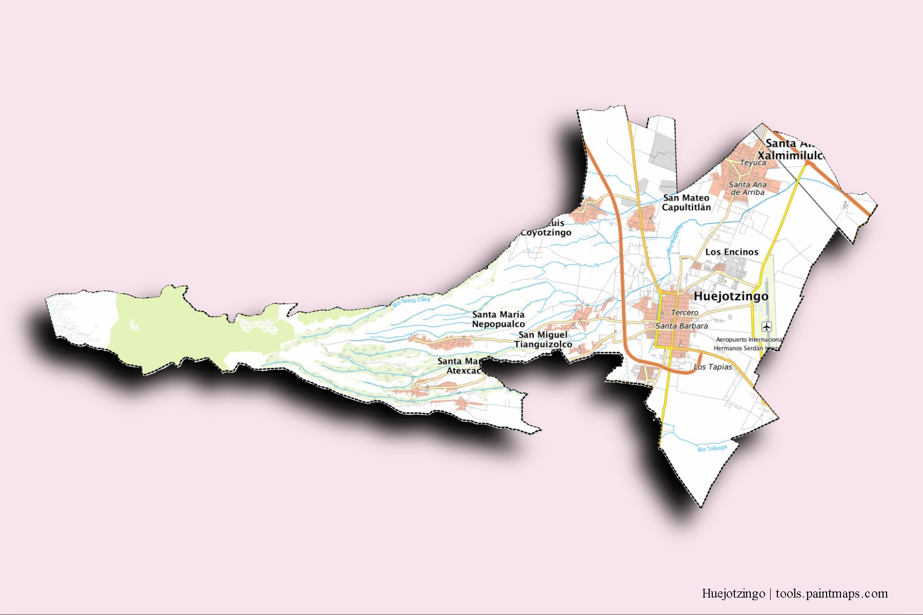 Huejotzingo neighborhoods and villages map with 3D shadow effect