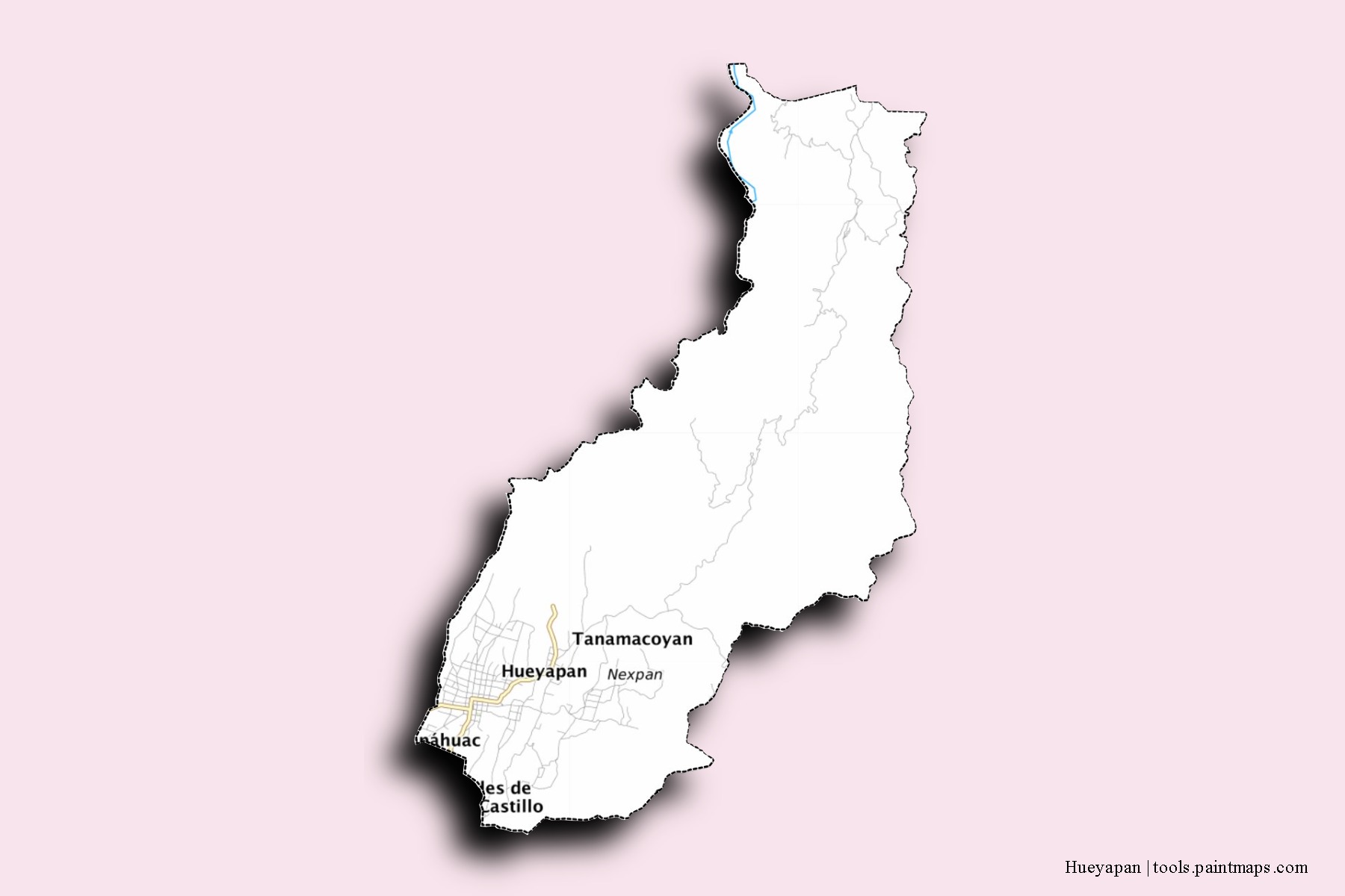 Mapa de barrios y pueblos de Hueyapan con efecto de sombra 3D