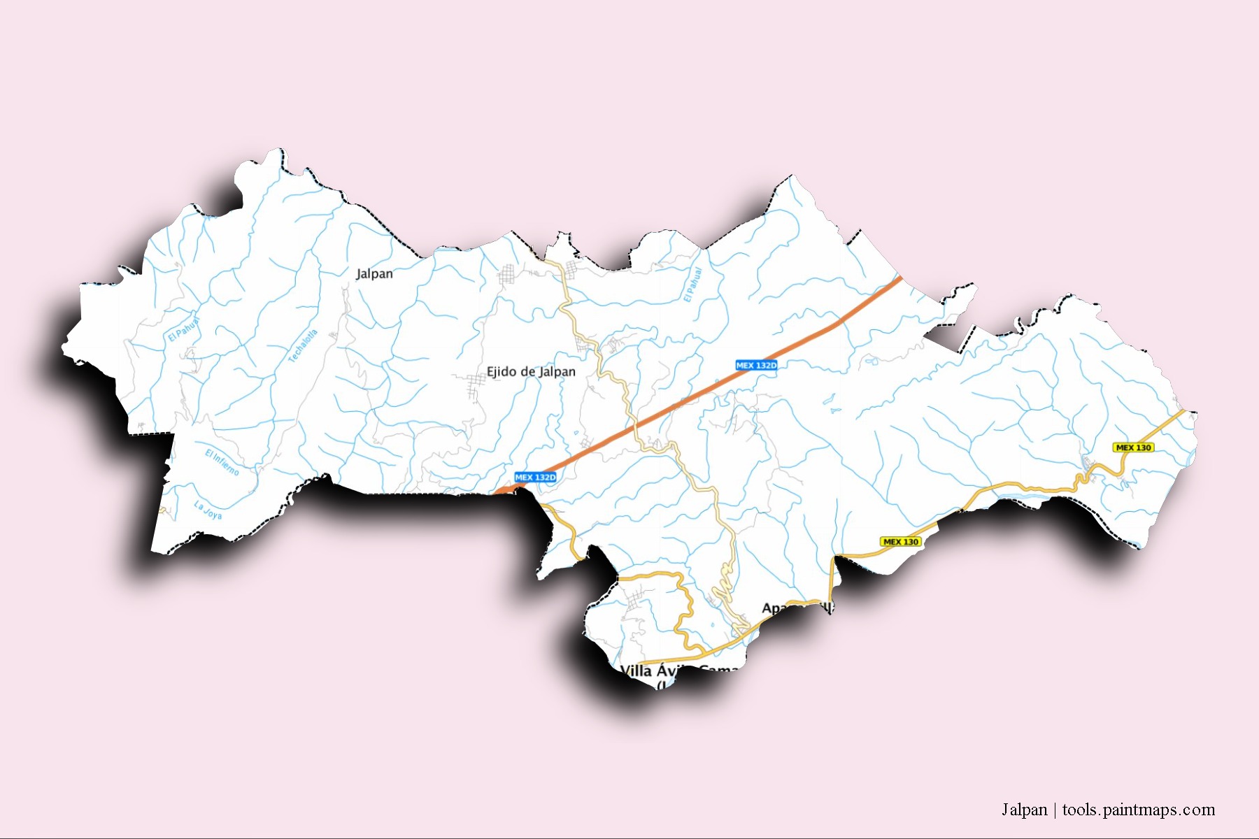 Jalpan neighborhoods and villages map with 3D shadow effect