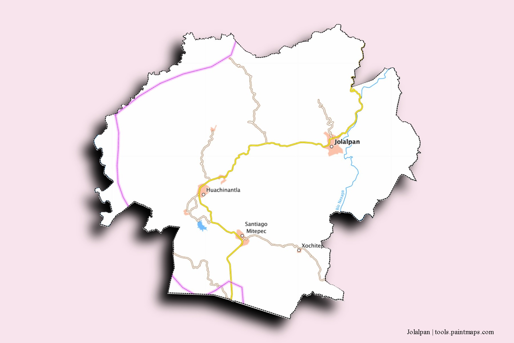 Mapa de barrios y pueblos de Jolalpan con efecto de sombra 3D