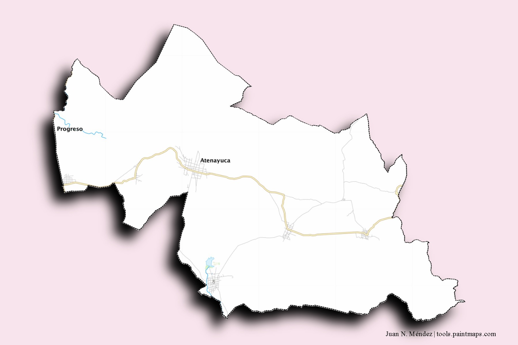 Mapa de barrios y pueblos de Juan N. Méndez con efecto de sombra 3D