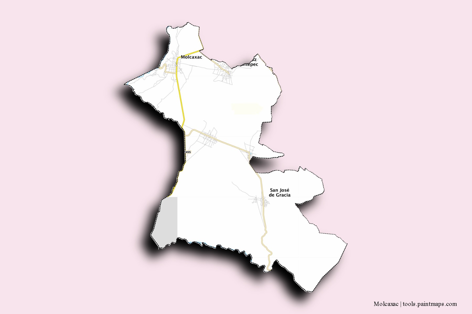 Mapa de barrios y pueblos de Molcaxac con efecto de sombra 3D