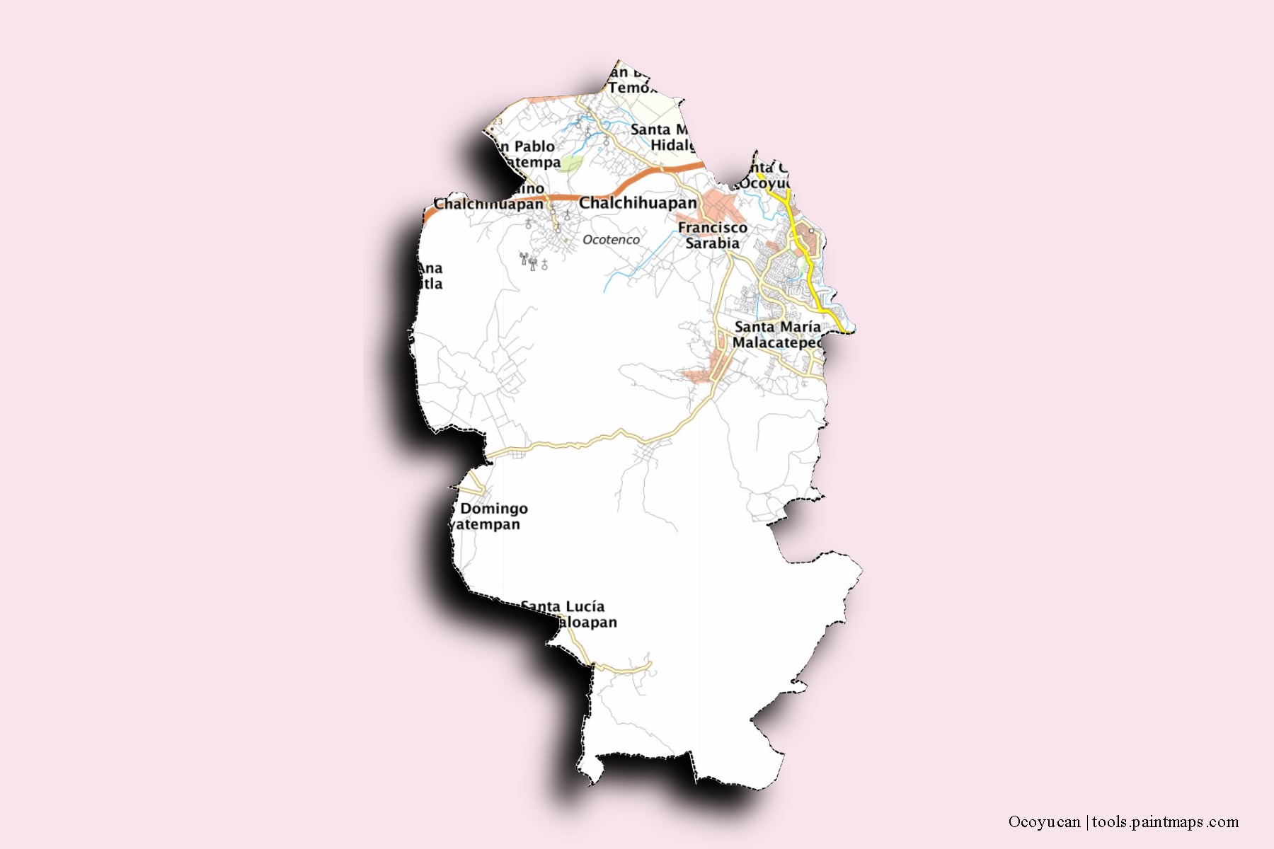 Ocoyucan neighborhoods and villages map with 3D shadow effect