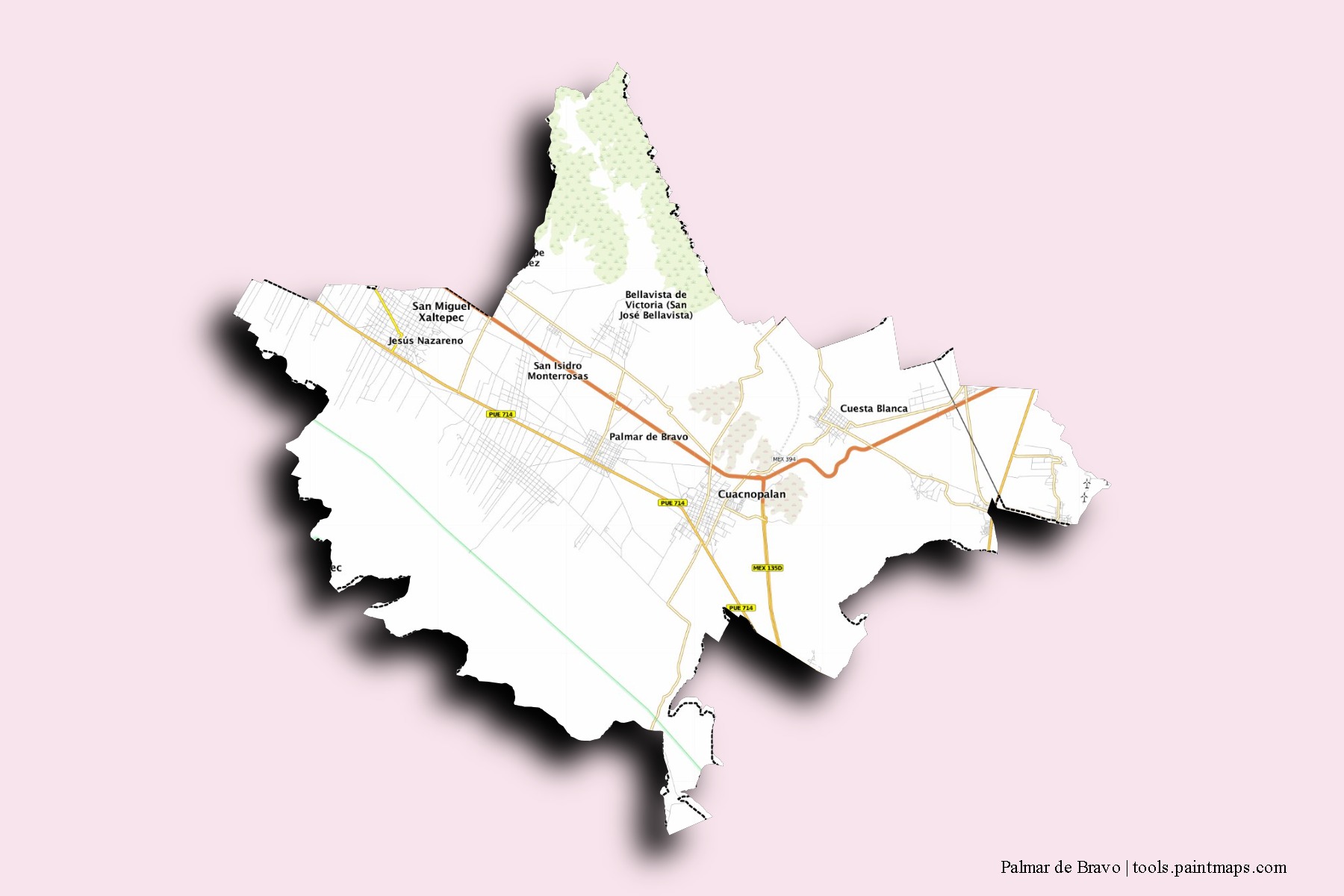 Palmar de Bravo neighborhoods and villages map with 3D shadow effect