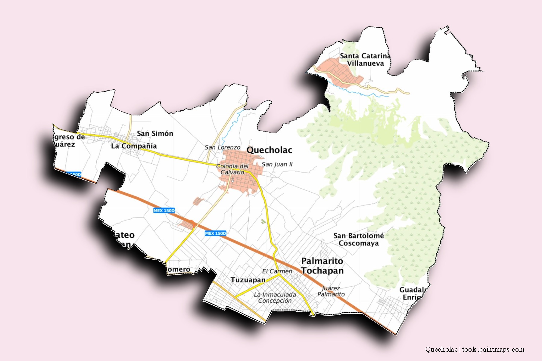 Quecholac neighborhoods and villages map with 3D shadow effect