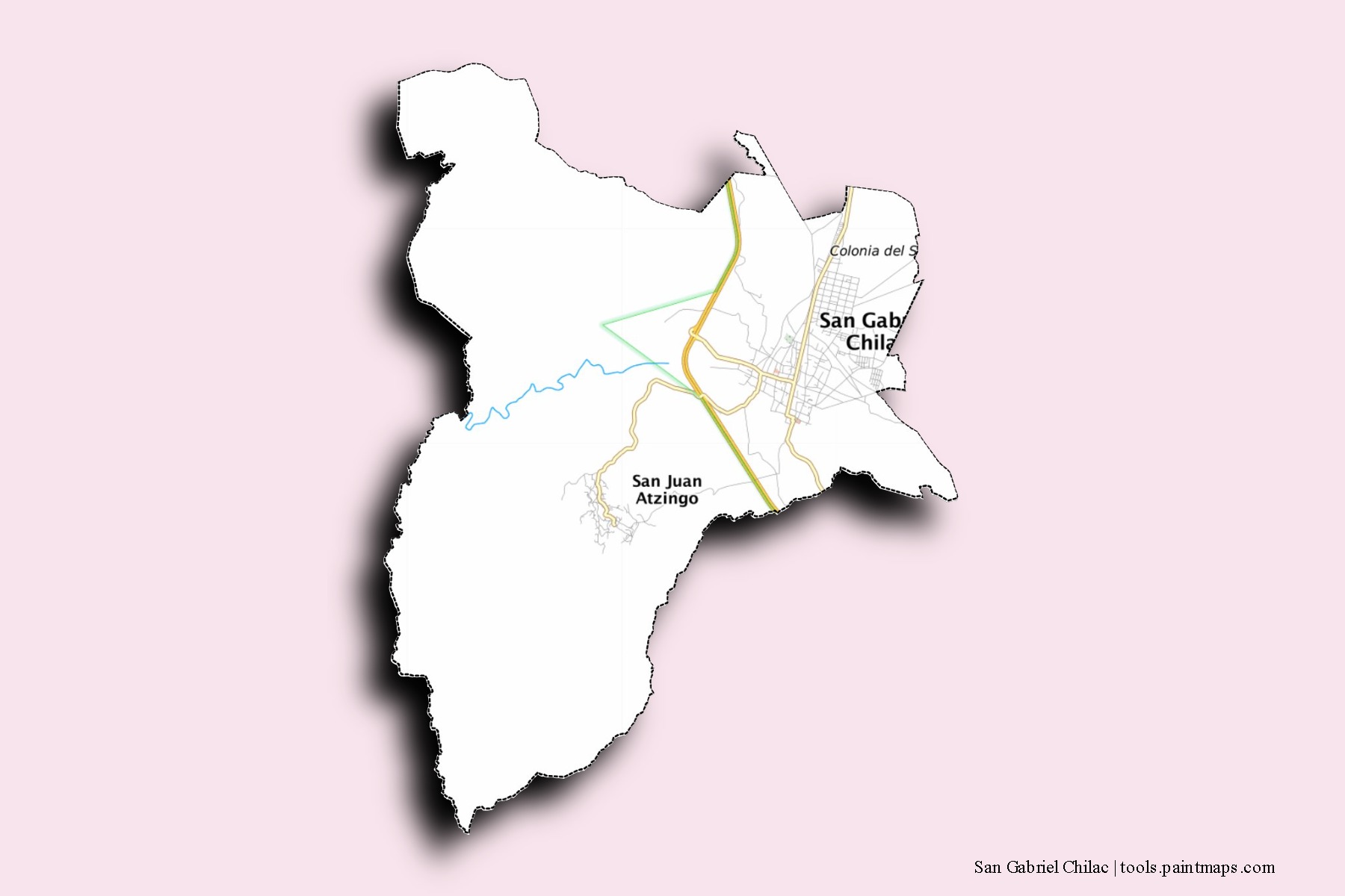 San Gabriel Chilac neighborhoods and villages map with 3D shadow effect