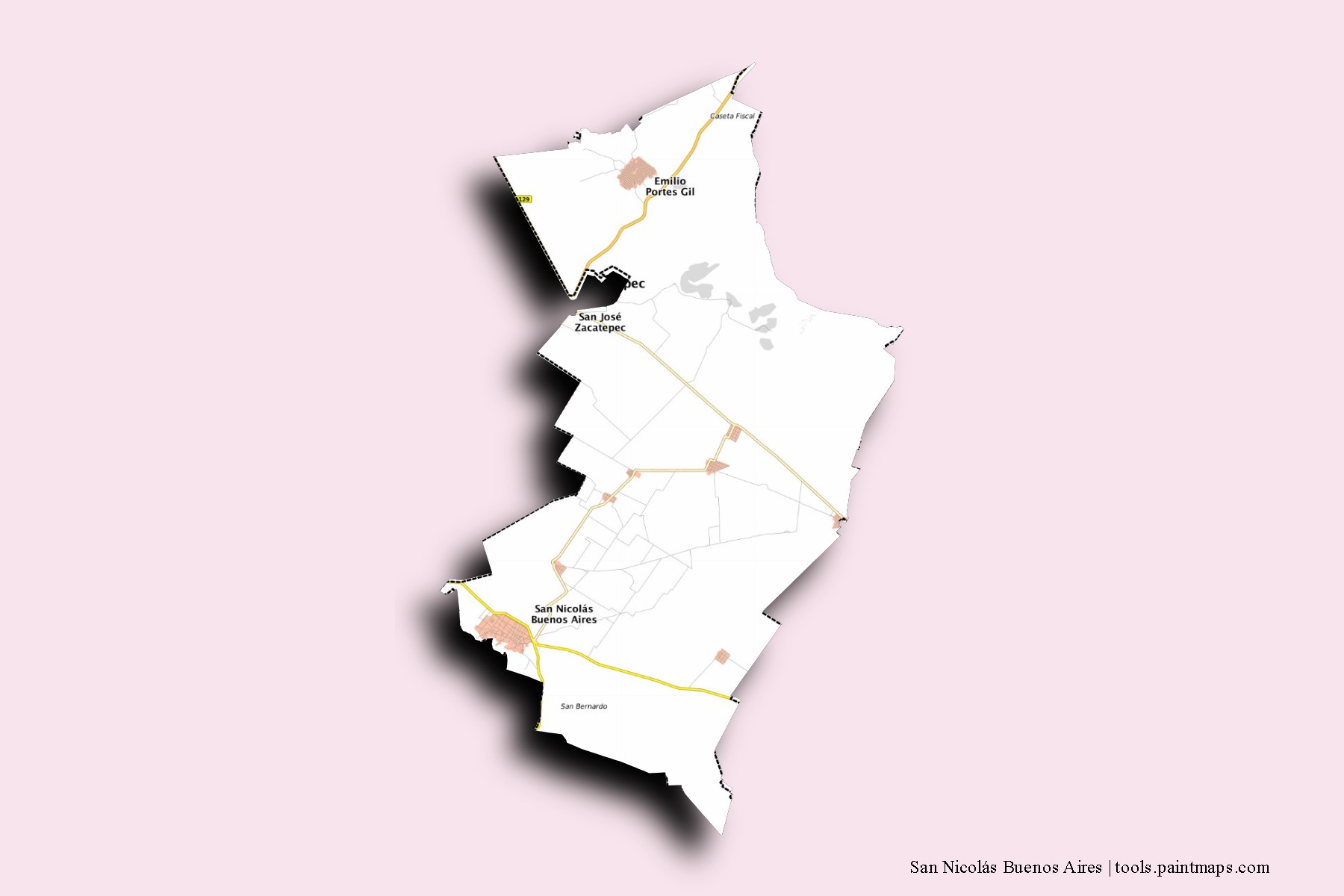 Mapa de barrios y pueblos de San Nicolás Buenos Aires con efecto de sombra 3D