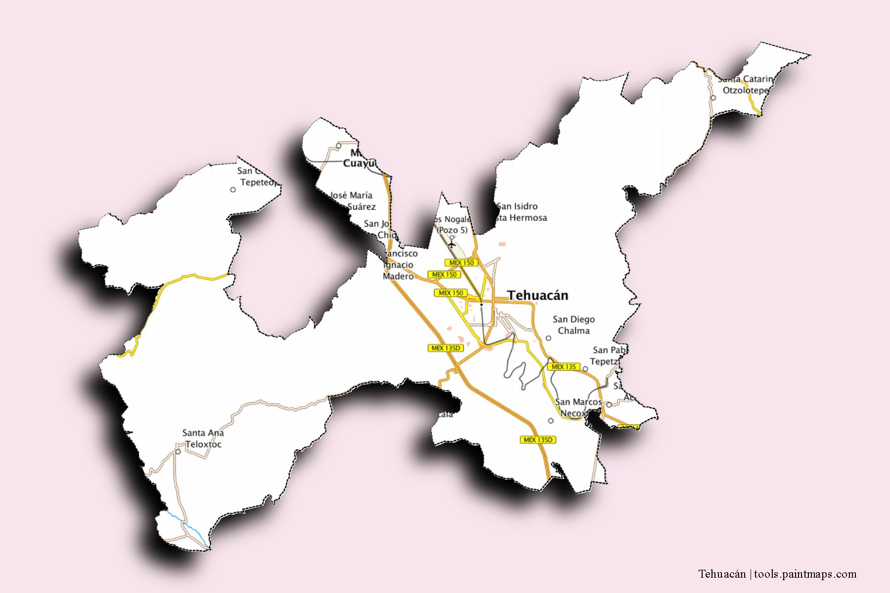 Tehuacán neighborhoods and villages map with 3D shadow effect