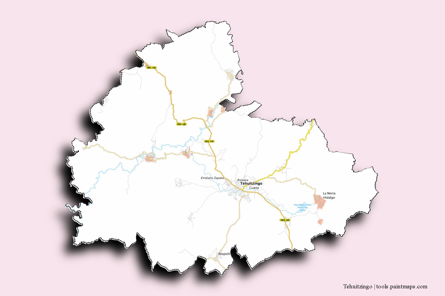 Tehuitzingo neighborhoods and villages map with 3D shadow effect