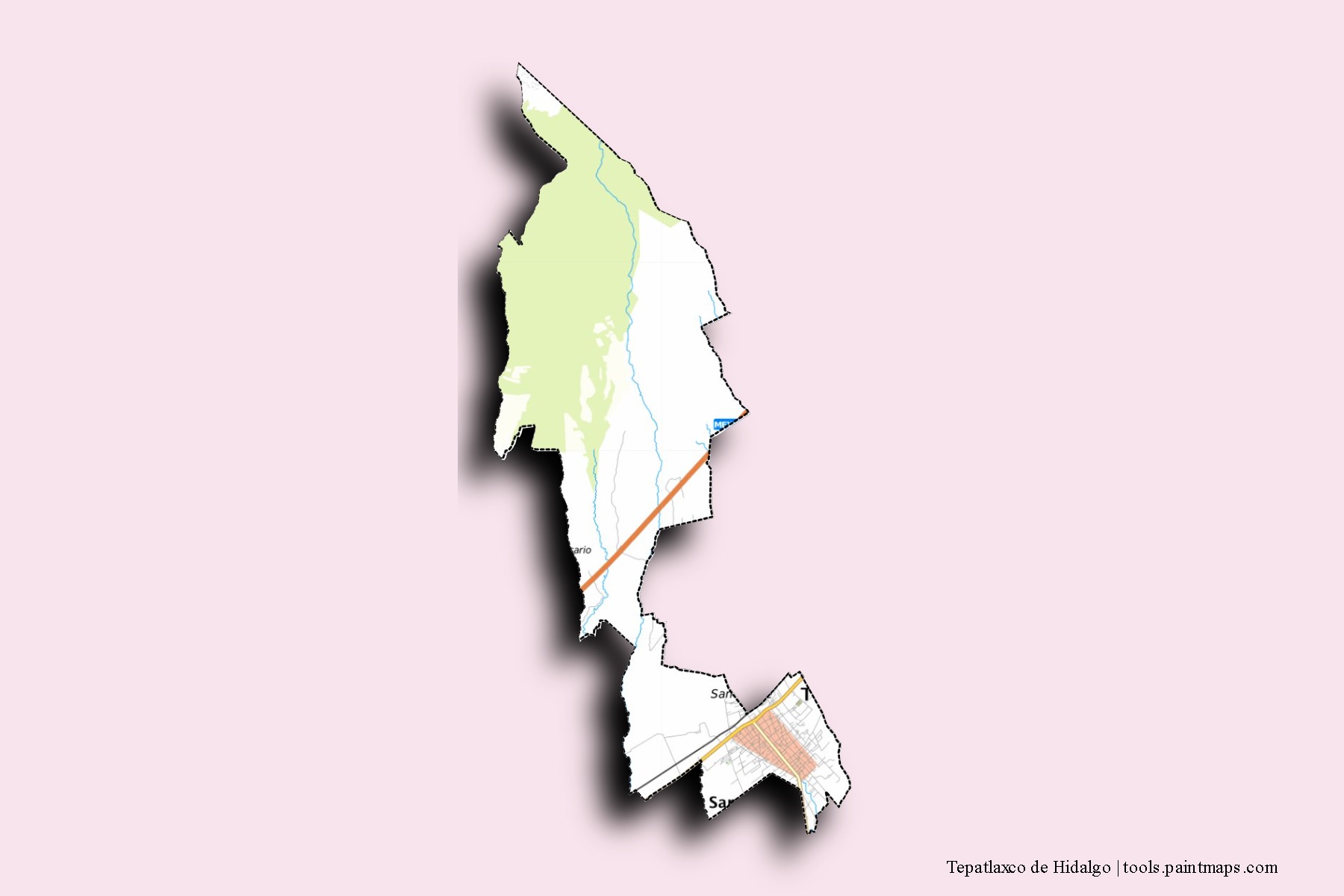 Mapa de barrios y pueblos de Tepatlaxco de Hidalgo con efecto de sombra 3D