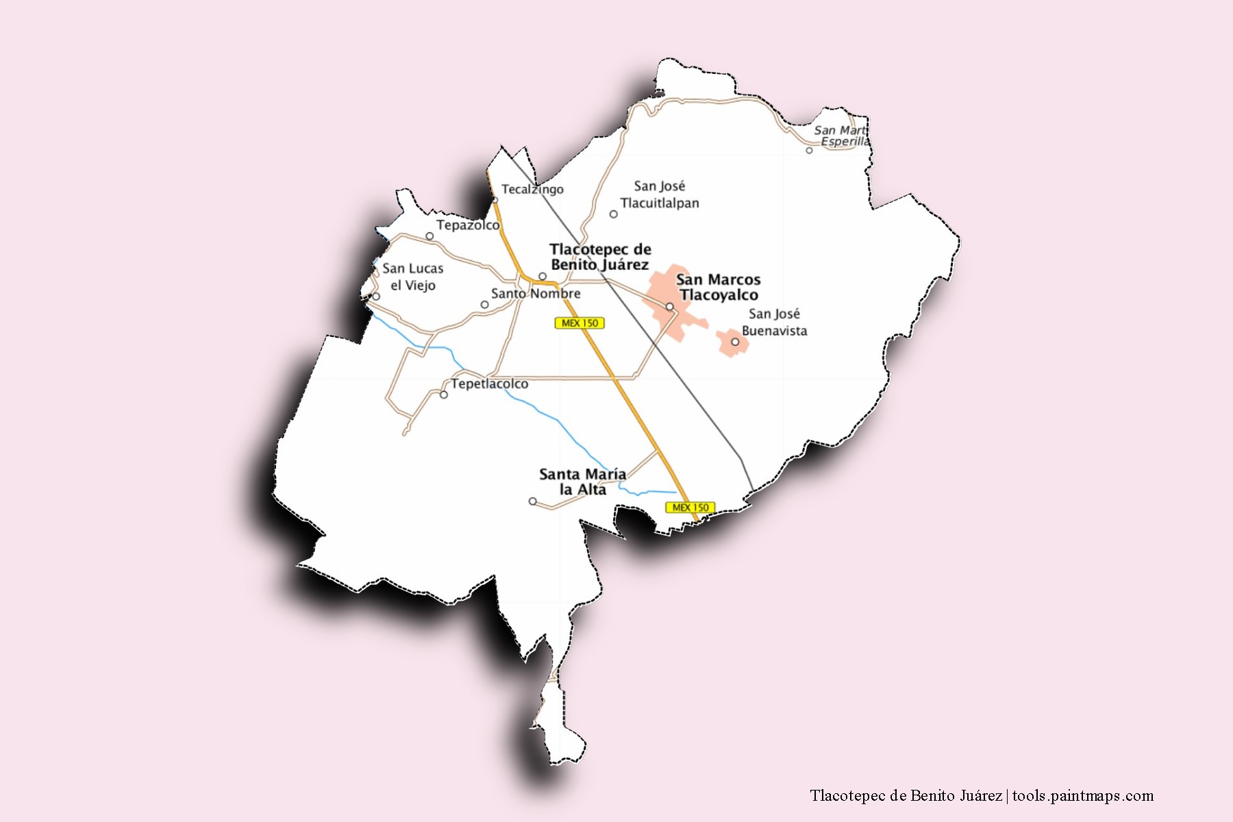 Tlacotepec de Benito Juárez neighborhoods and villages map with 3D shadow effect
