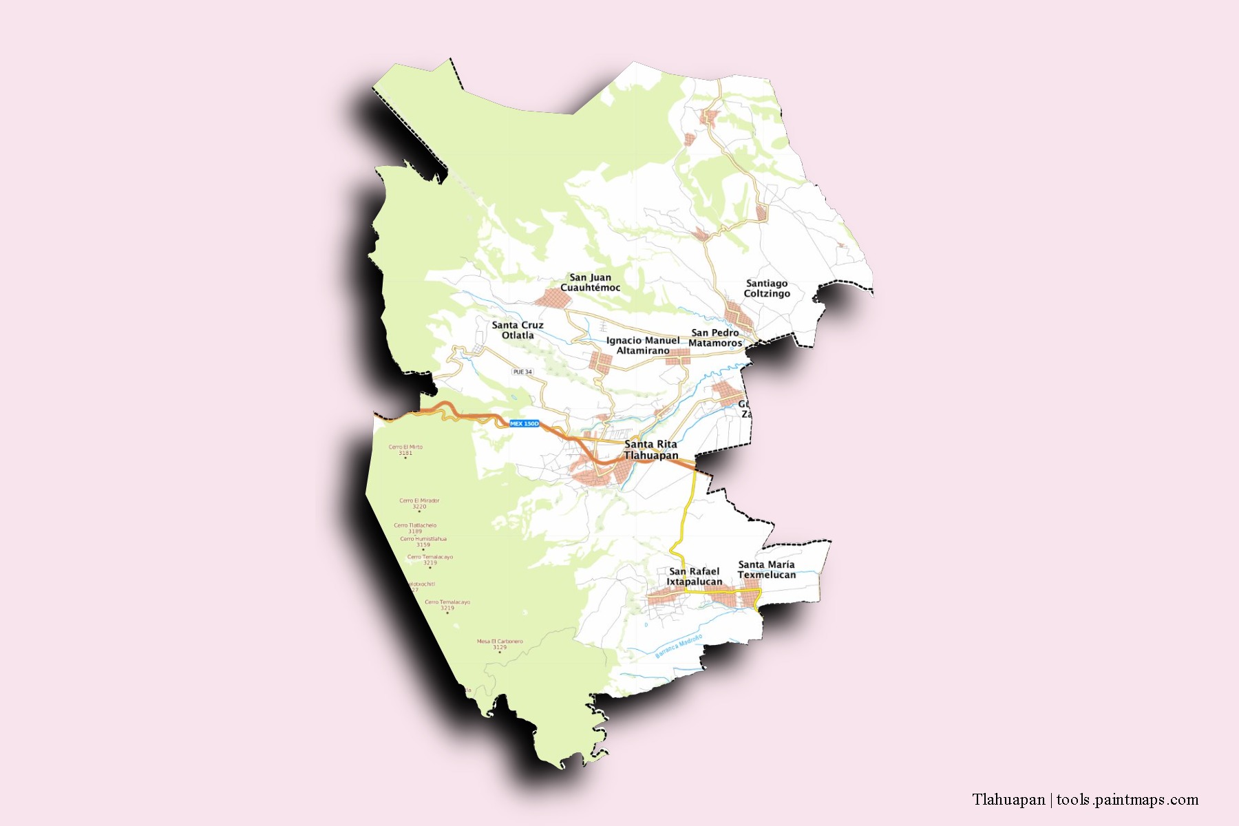 Tlahuapan neighborhoods and villages map with 3D shadow effect