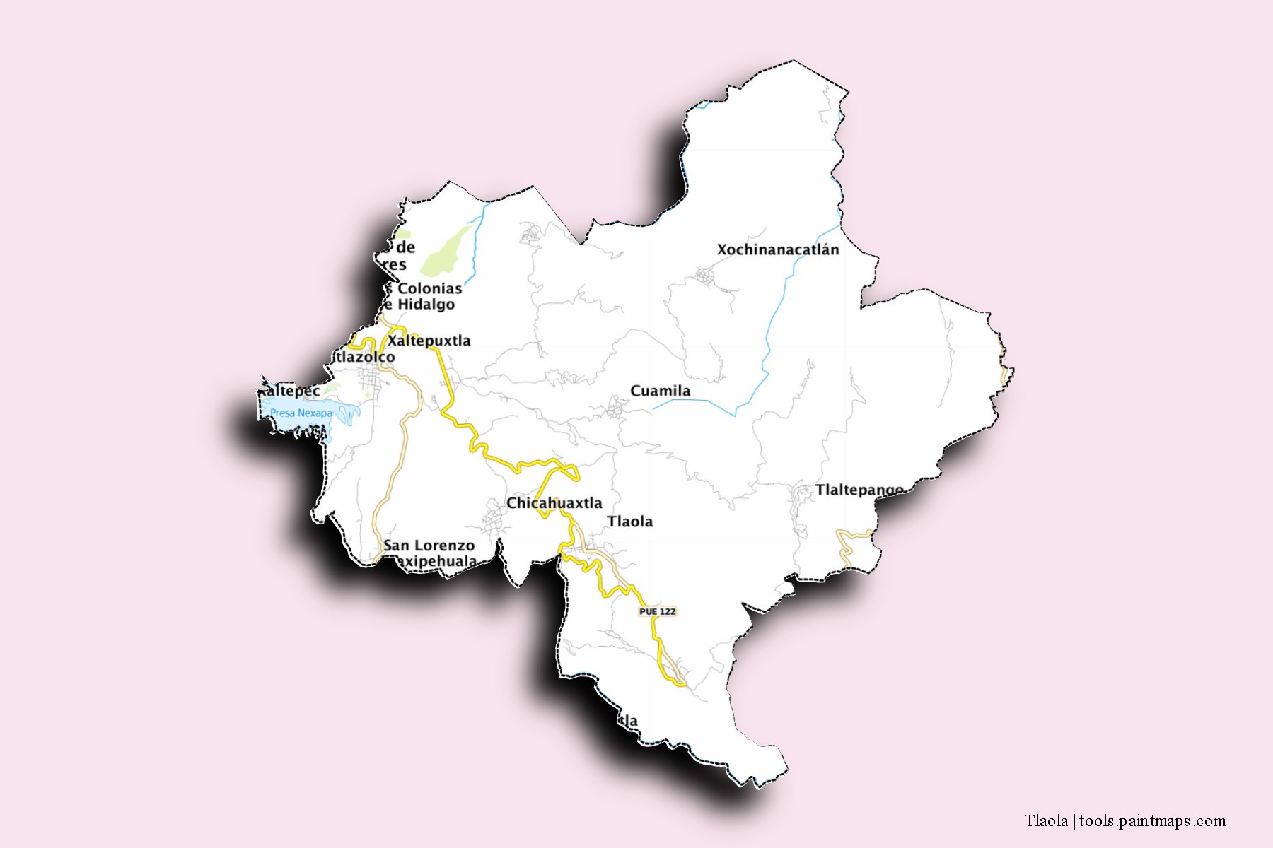 Mapa de barrios y pueblos de Tlaola con efecto de sombra 3D