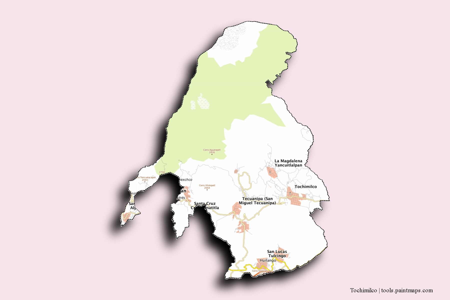 Tochimilco neighborhoods and villages map with 3D shadow effect