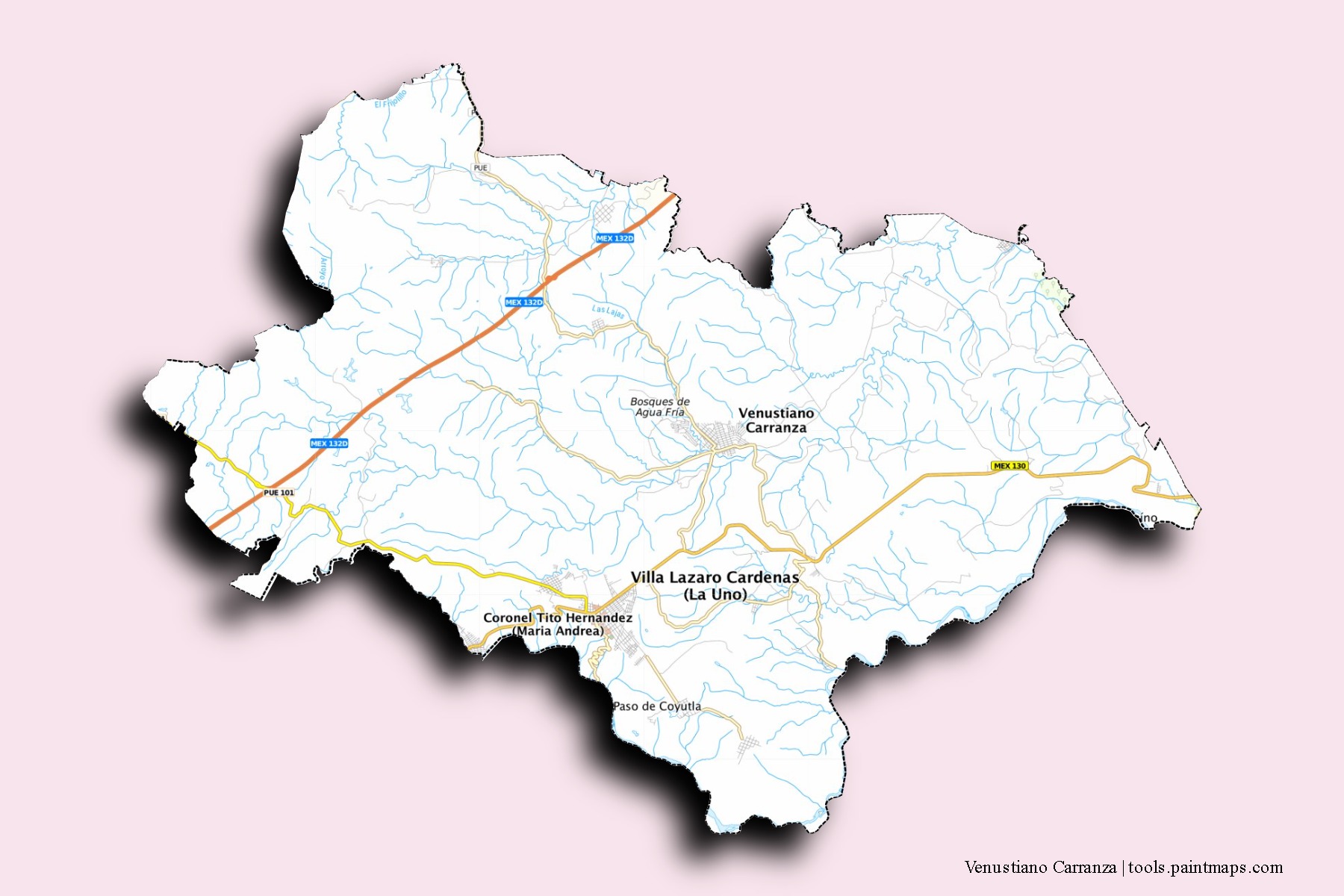 Venustiano Carranza neighborhoods and villages map with 3D shadow effect