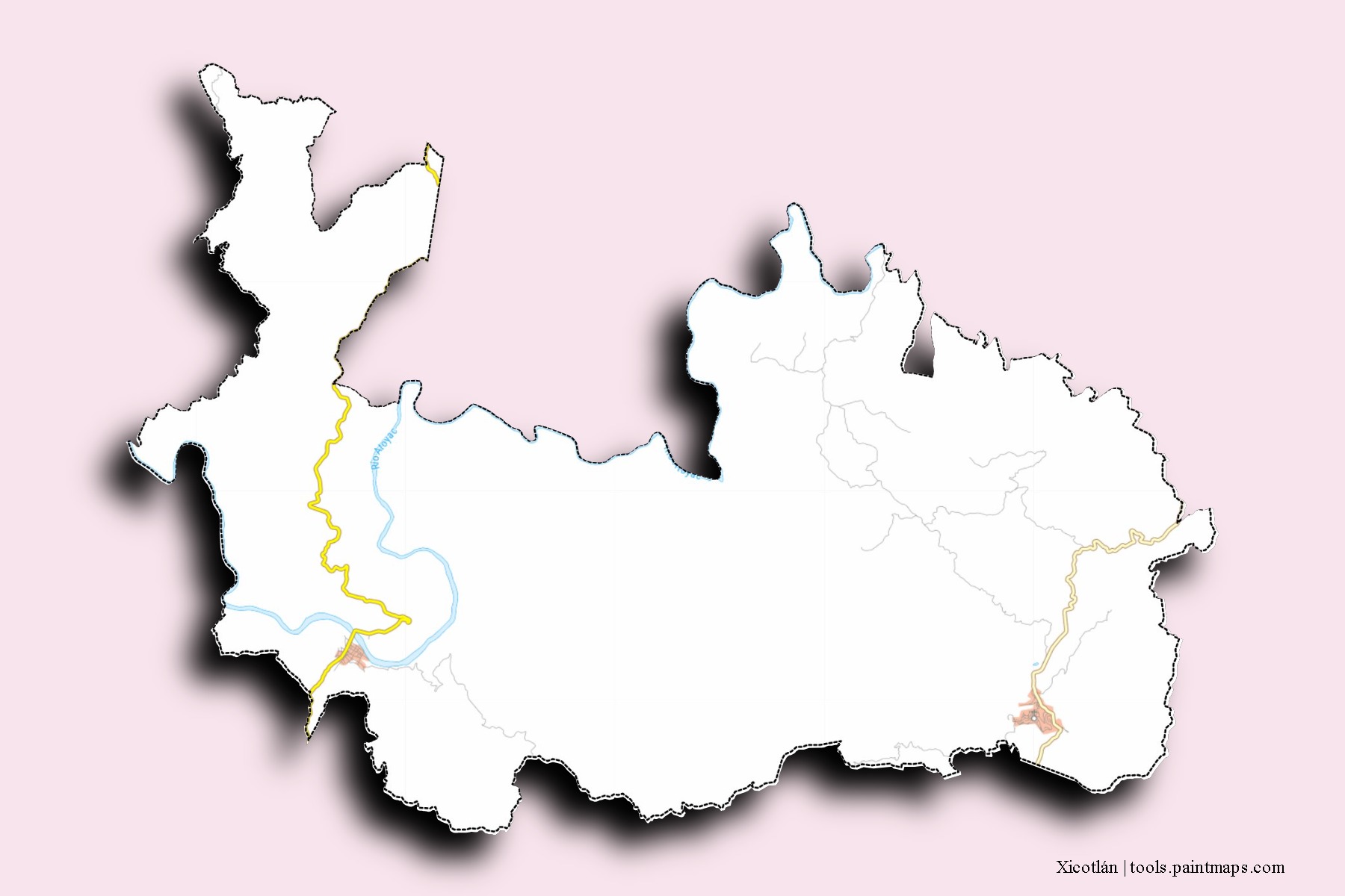 Xicotlán neighborhoods and villages map with 3D shadow effect