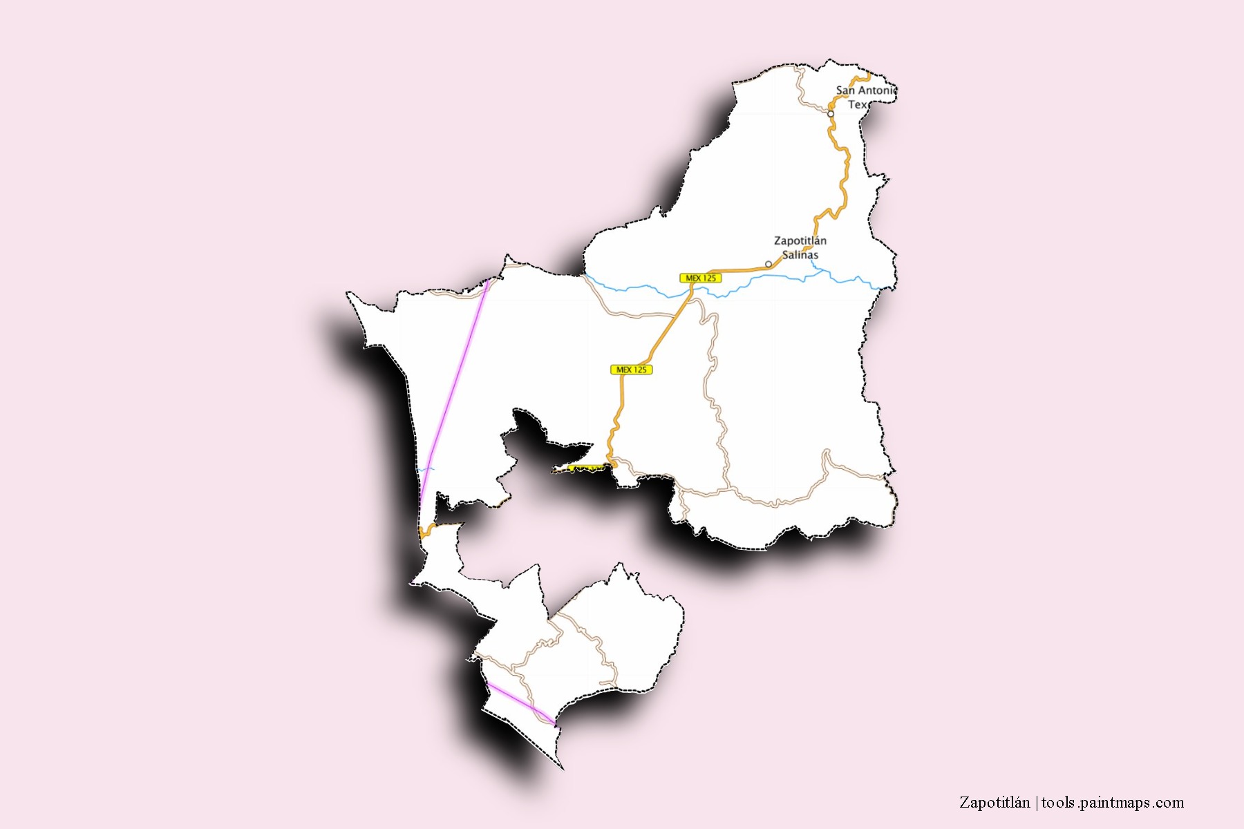 Mapa de barrios y pueblos de Zapotitlán con efecto de sombra 3D