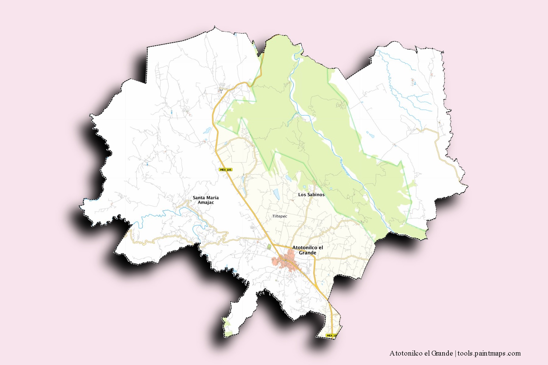 Mapa de barrios y pueblos de Atotonilco el Grande con efecto de sombra 3D