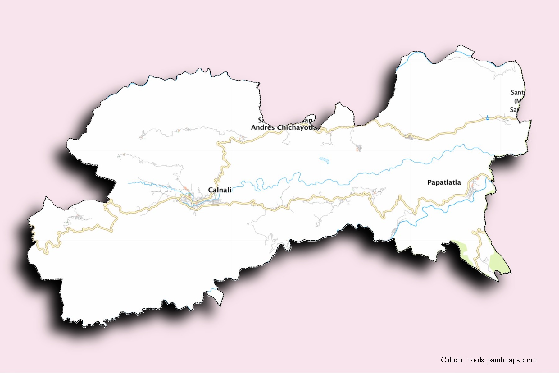 Calnali neighborhoods and villages map with 3D shadow effect