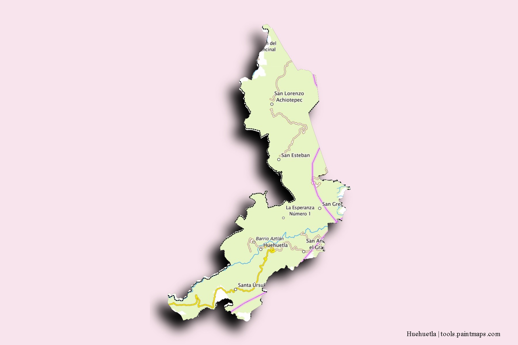 Mapa de barrios y pueblos de Huehuetla con efecto de sombra 3D