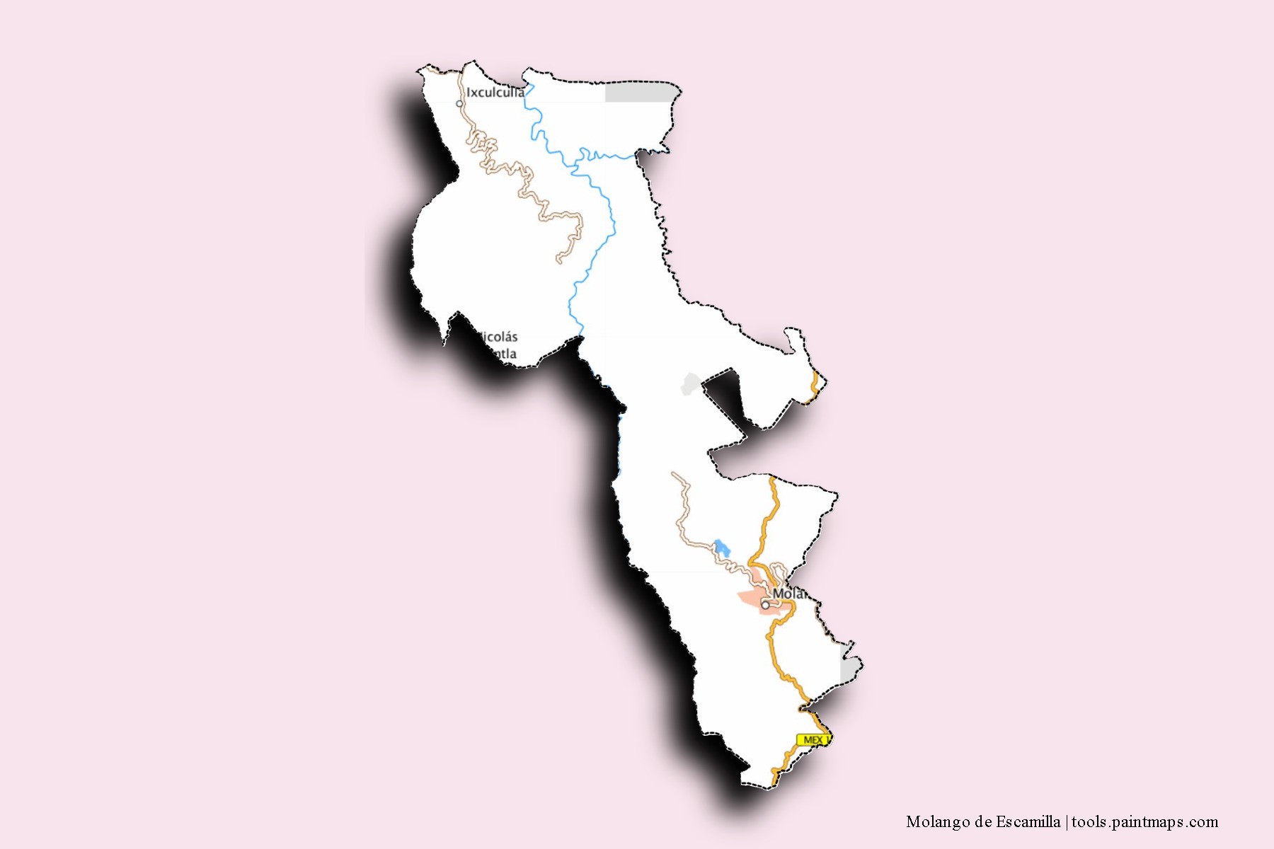 Mapa de barrios y pueblos de Molango de Escamilla con efecto de sombra 3D