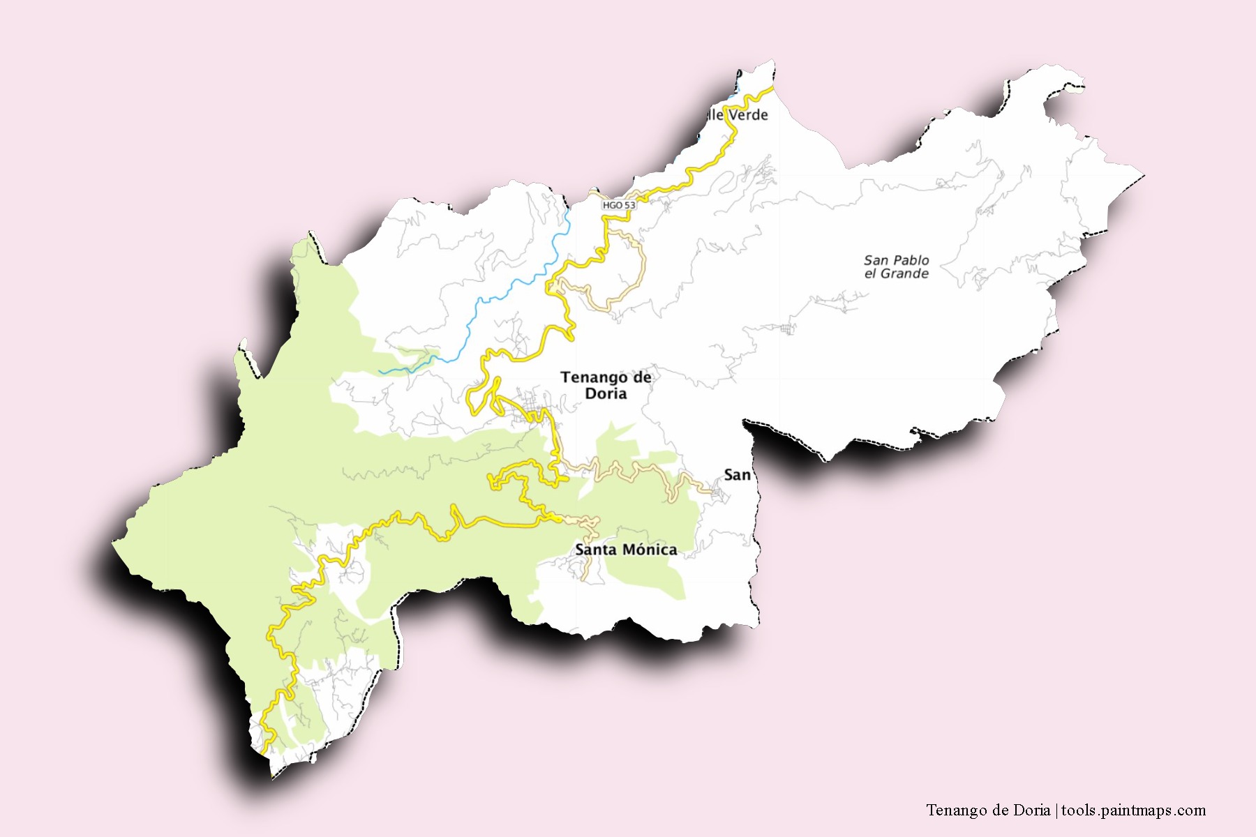 Tenango de Doria neighborhoods and villages map with 3D shadow effect