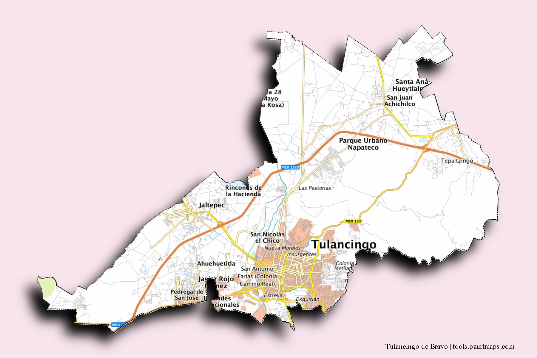 Mapa de barrios y pueblos de Tulancingo de Bravo con efecto de sombra 3D