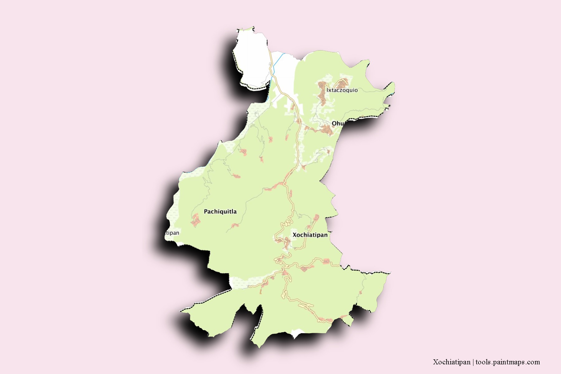 3D gölge efektli Xochiatipan mahalleleri ve köyleri haritası