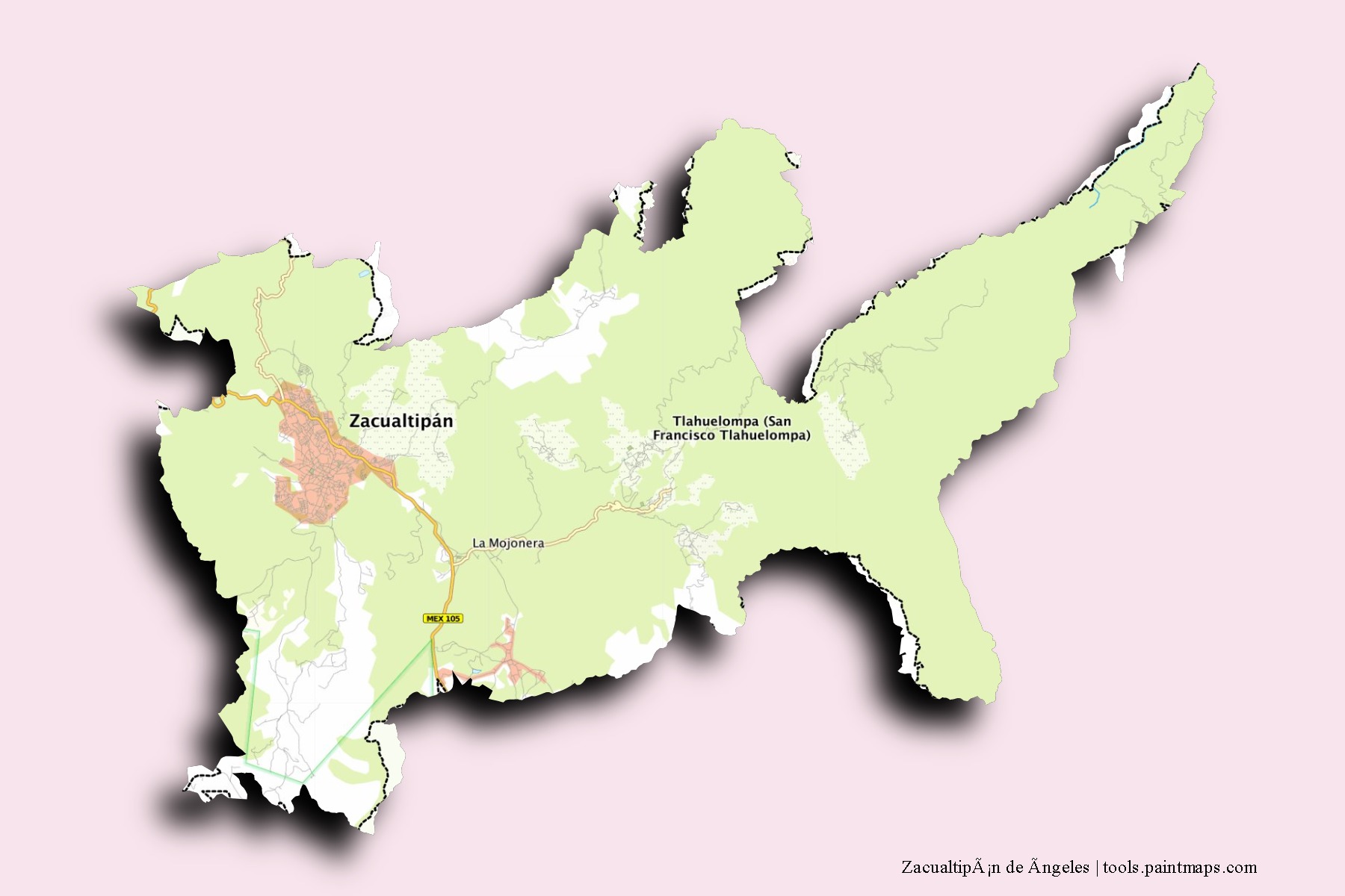 Zacualtipán de Angeles neighborhoods and villages map with 3D shadow effect